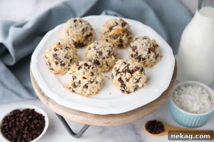 Decadent Chocolate Chip Macaroon Dreams 6 A serving plate filled with perfectly baked, golden-brown coconut macaroons, each studded with mini chocolate chips, inviting you to take a bite.