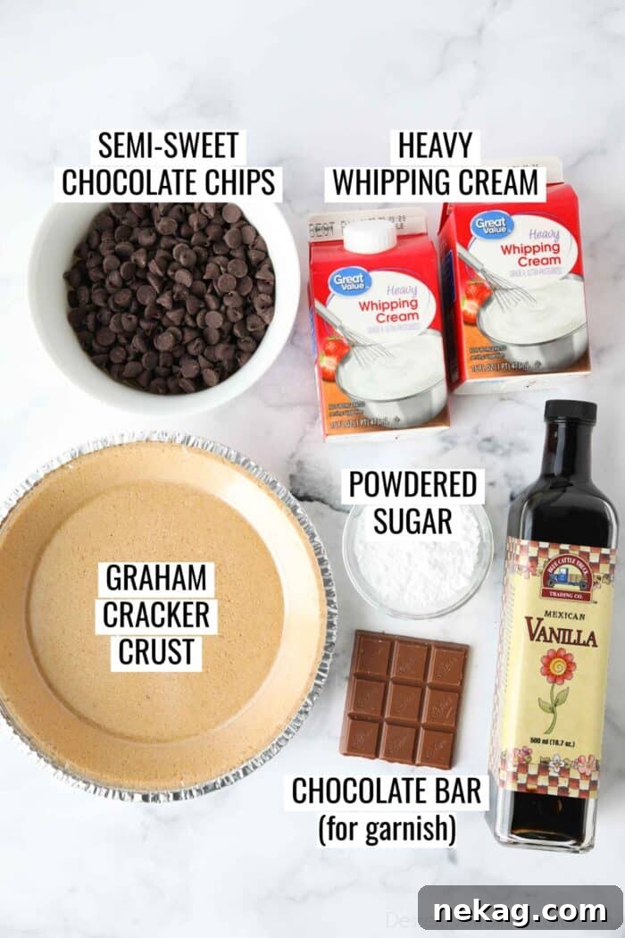Labeled ingredients to make chocolate truffle pie.