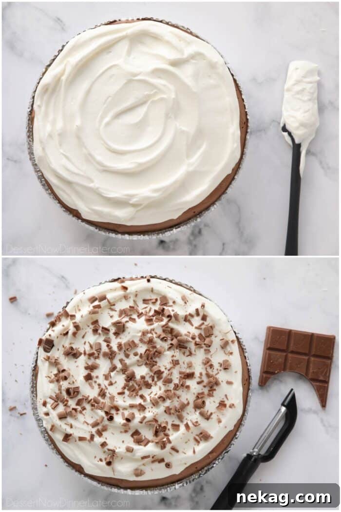 Decadent Chocolate Dream Pie 10 Topping the pie with whipped cream and chocolate shavings.