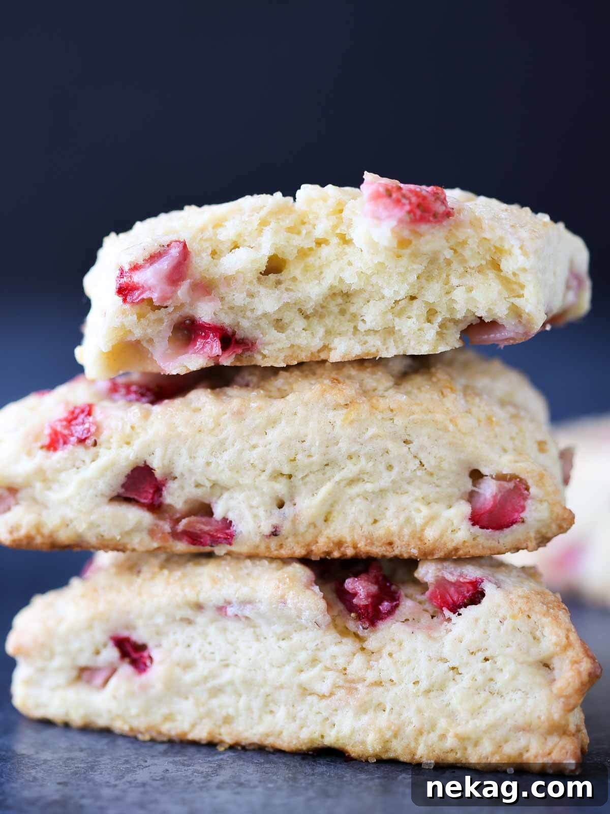 Homemade Strawberry Scones 2 Freshly baked Strawberry Lemon Scones on a cooling rack, glistening with turbinado sugar.