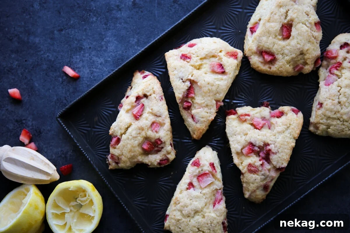 Homemade Strawberry Scones 3 Strawberry Lemon Scones on a black baking sheet with fresh lemons nearby.