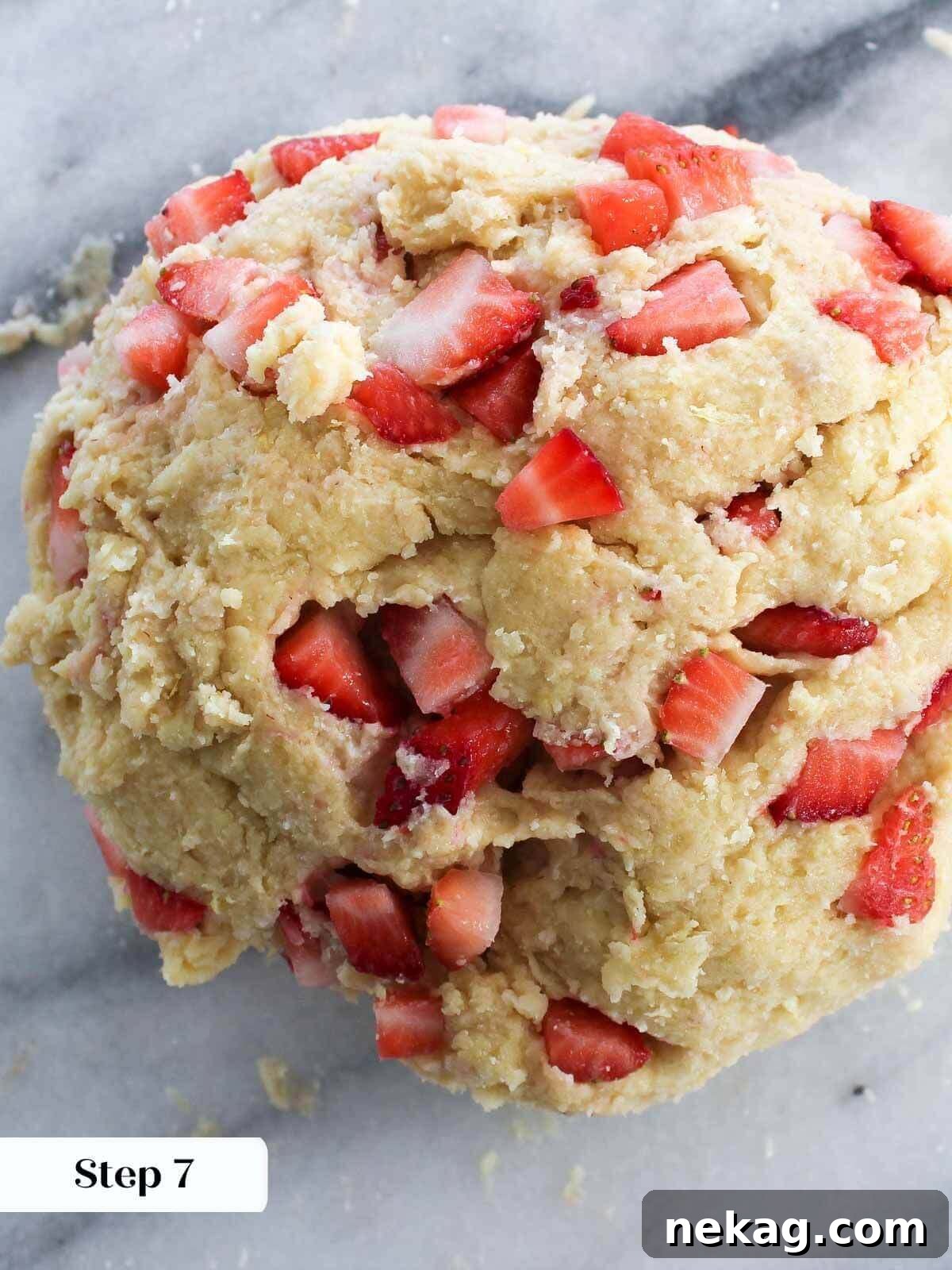 Homemade Strawberry Scones 9 Scone dough formed into a round, ready for shaping and cutting into individual scones.