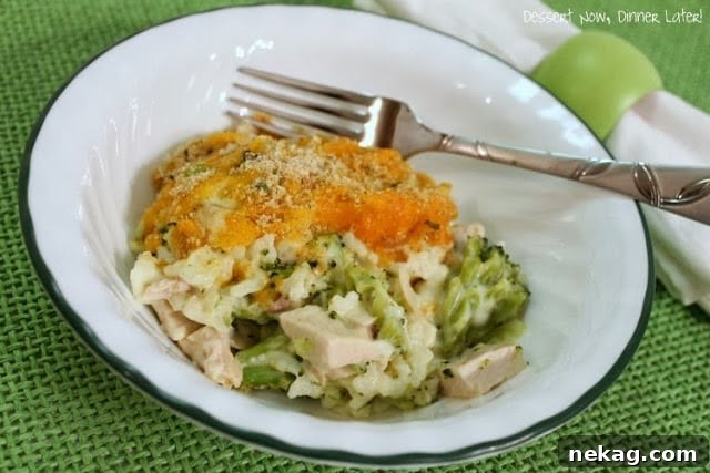 Anatolian Divan 3 Close-up of a homemade Turkey Divan Casserole with a creamy sauce, broccoli, and rice
