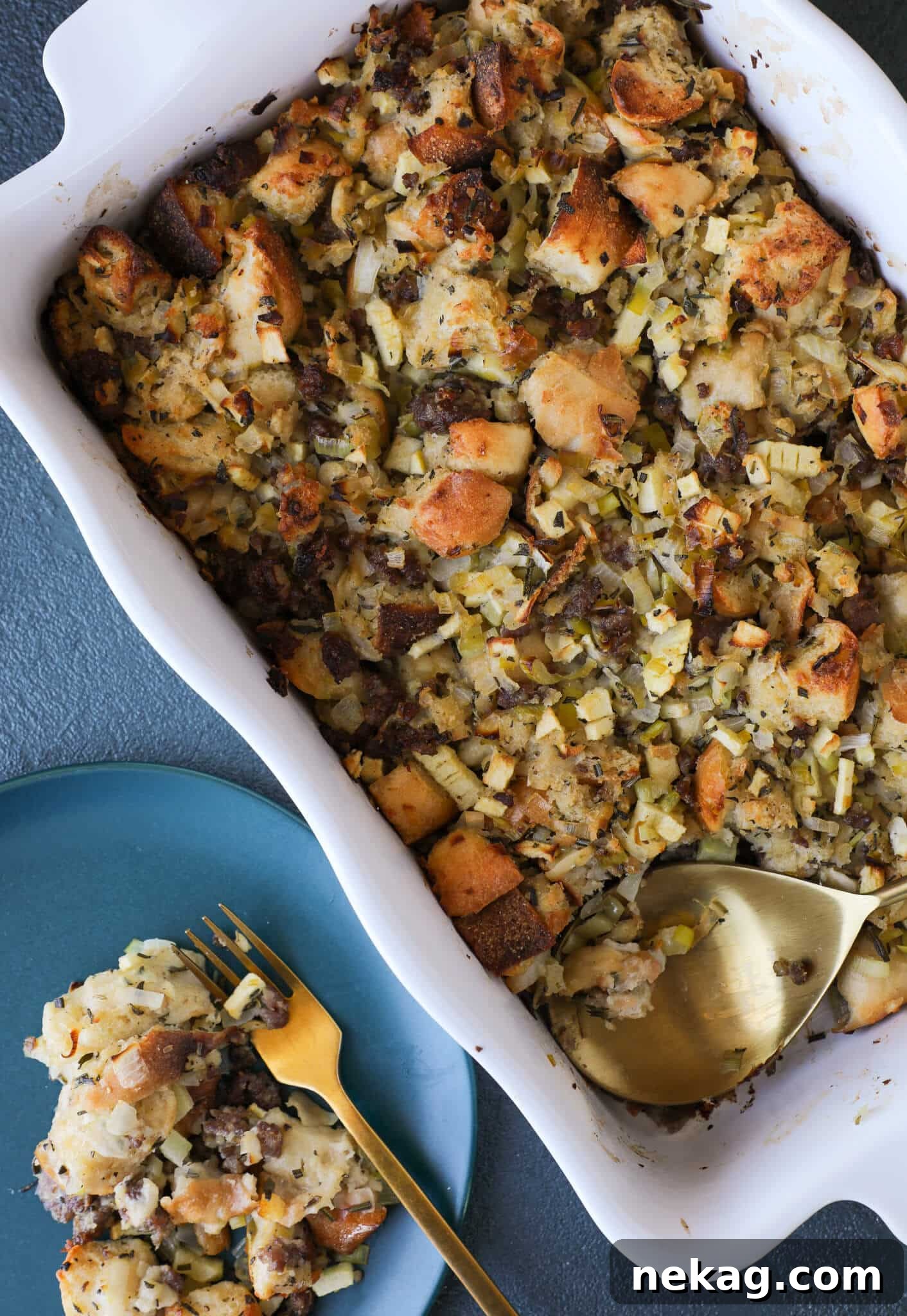 Close-up of Apple Sage Sausage Stuffing, showcasing its rich texture and ingredients, one of the 30 best Thanksgiving side dishes.