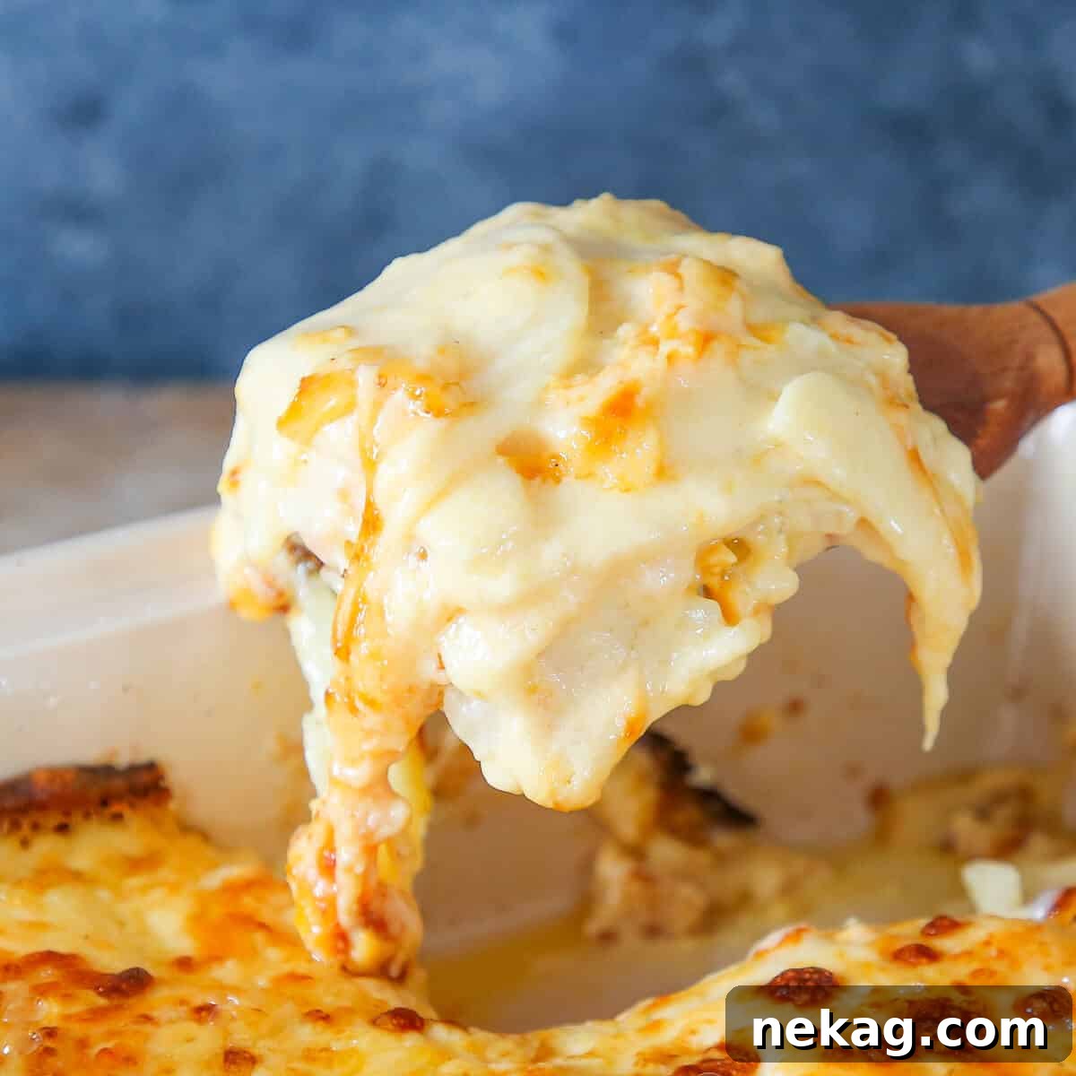 Rich Scalloped Potatoes served on a wooden server, inviting and golden.