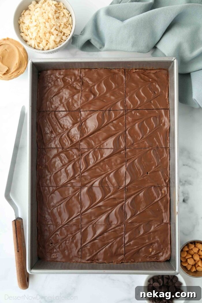 A pan full of peanut butter rice krispies covered with a generous, perfectly spread chocolate and butterscotch topping, ready to be chilled and cut.