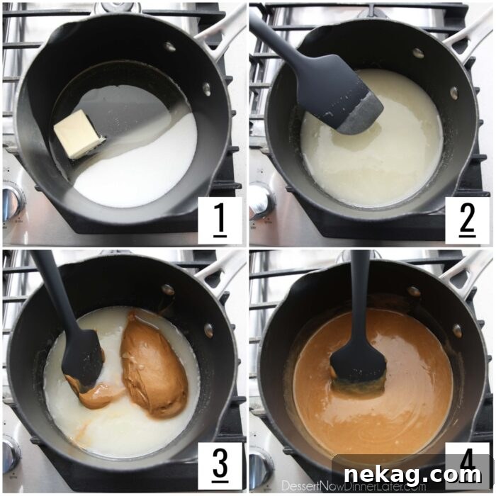 A series of images showing the process of making the peanut butter syrup for rice krispie treats: melting butter, sugar, and corn syrup, then adding peanut butter and stirring.