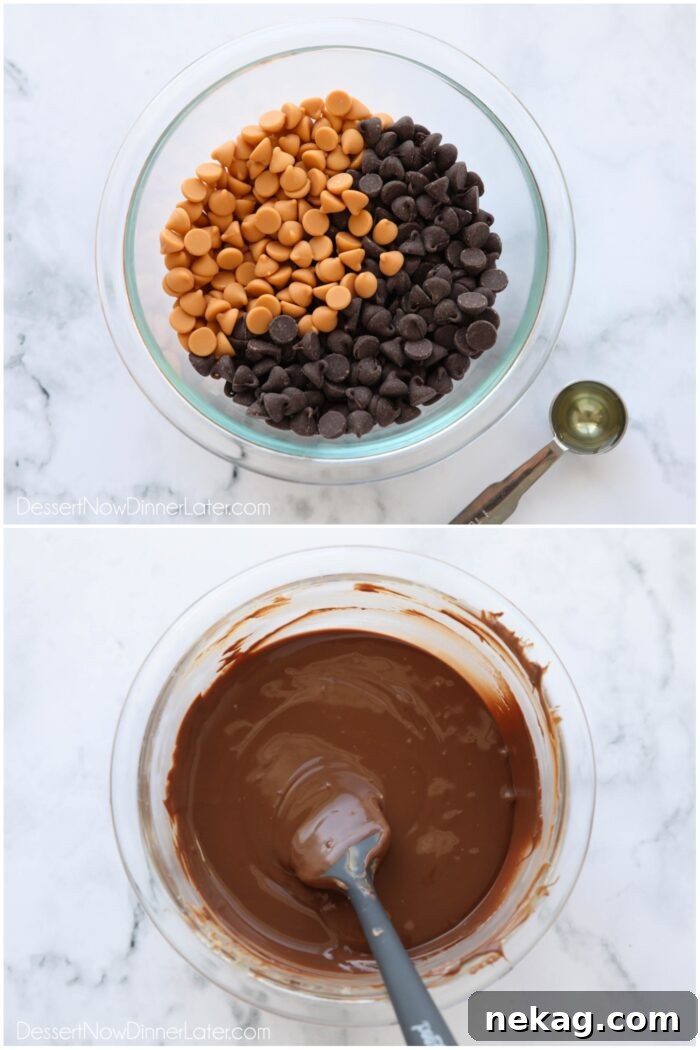 Two images: Top shows butterscotch and chocolate chips in a bowl with a teaspoon of oil nearby. Bottom shows the melted ingredients smoothly stirred together, ready for the treats.