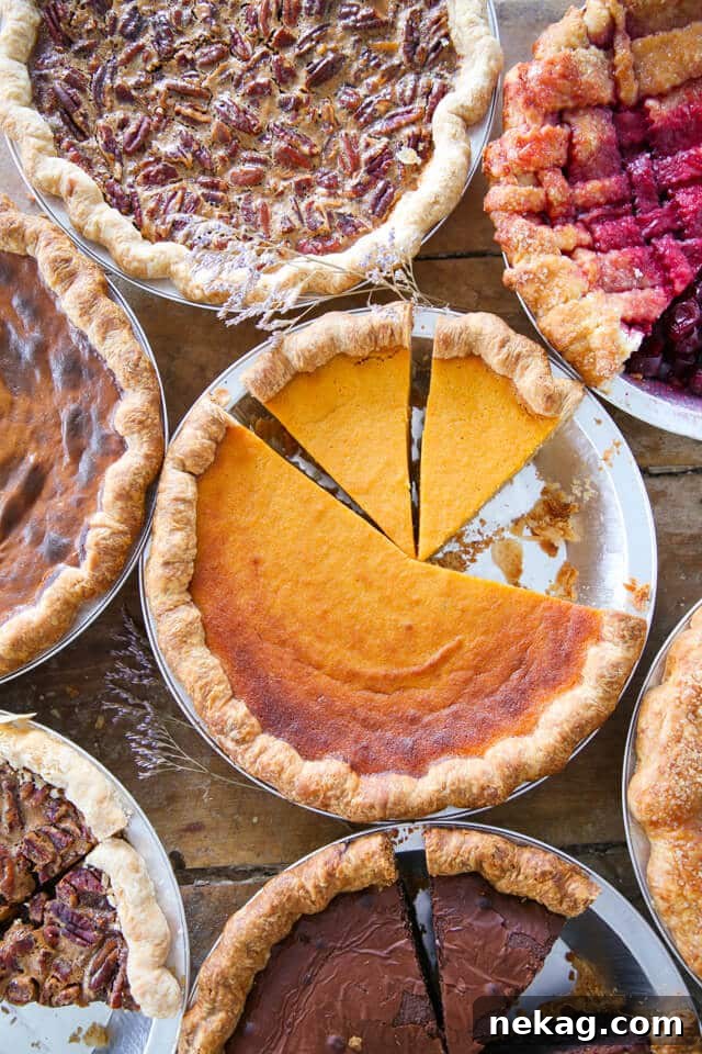 A selection of 25 Thanksgiving Pie Recipes, some sliced and arranged in rustic pie tins, showcasing a beautiful array of holiday desserts.