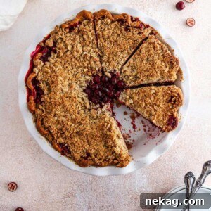 A round image of a sliced cranberry crumble pie.