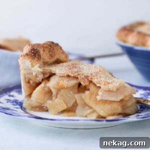 A round image of a Mile High Apple Pie slice on a blue plate.