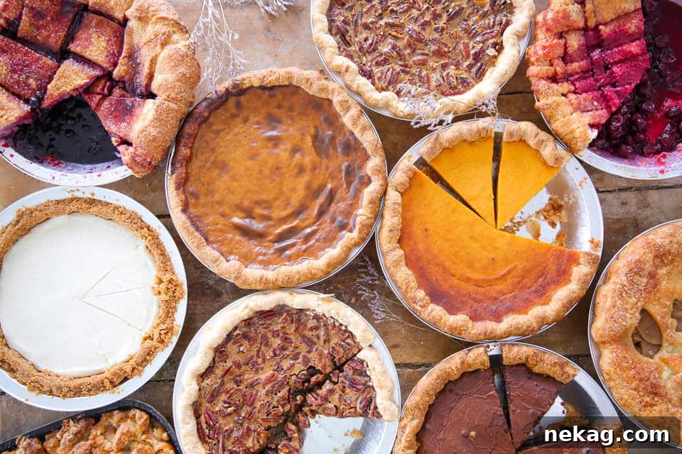 A beautiful display of whole Thanksgiving pies, including fruit, nut, and cream varieties, ready to be served.