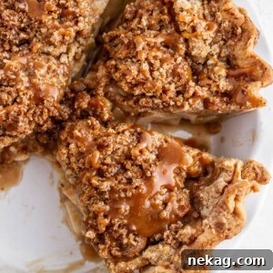 A round image of a Dutch caramel apple pie, sliced.