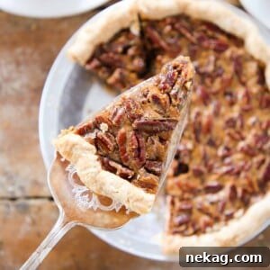 A round image of pecan pie being sliced and served.