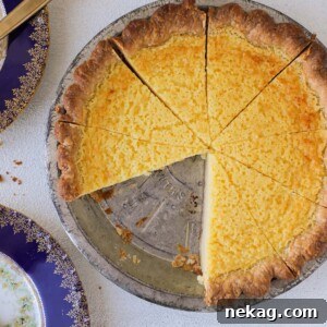 A round image of a Buttermilk Pie, perfectly sliced.