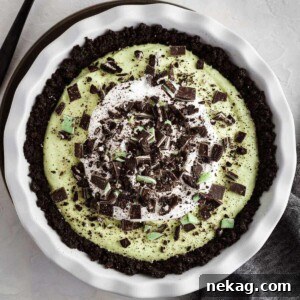 A round image of an entire grasshopper pie in a white baking dish.