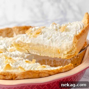 A round image of a slice of coconut cream pie served on a pie server.