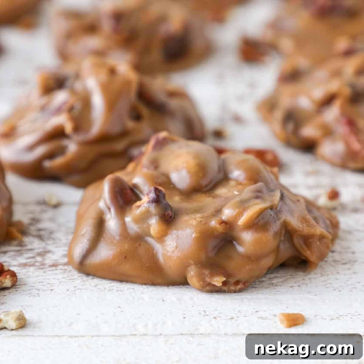 Caramelized Pecan Indulgence 4 Glossy pecan pralines arranged on a rustic wooden board, ready to be enjoyed.