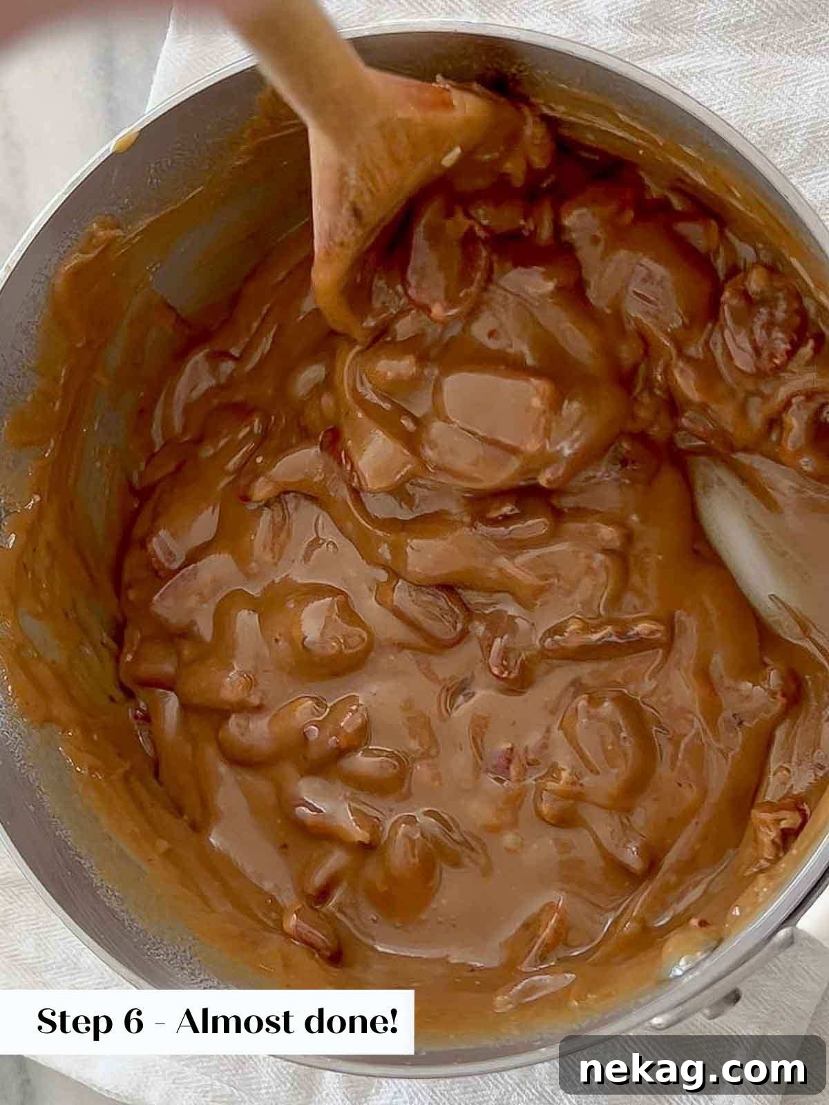 Caramelized Pecan Indulgence 9 Praline mixture that is still too glossy and not yet ready for portioning.