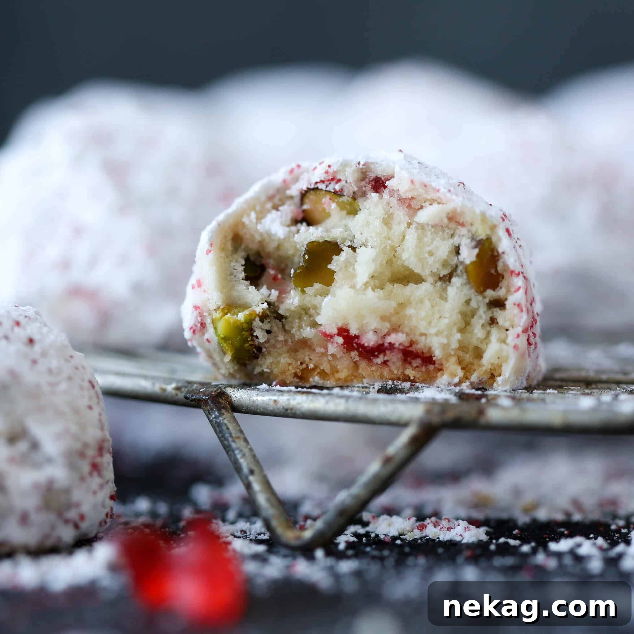 Pistachio Cherry Bliss Bites 4 Interior of Cherry Pistachio Snowball Cookies showing texture