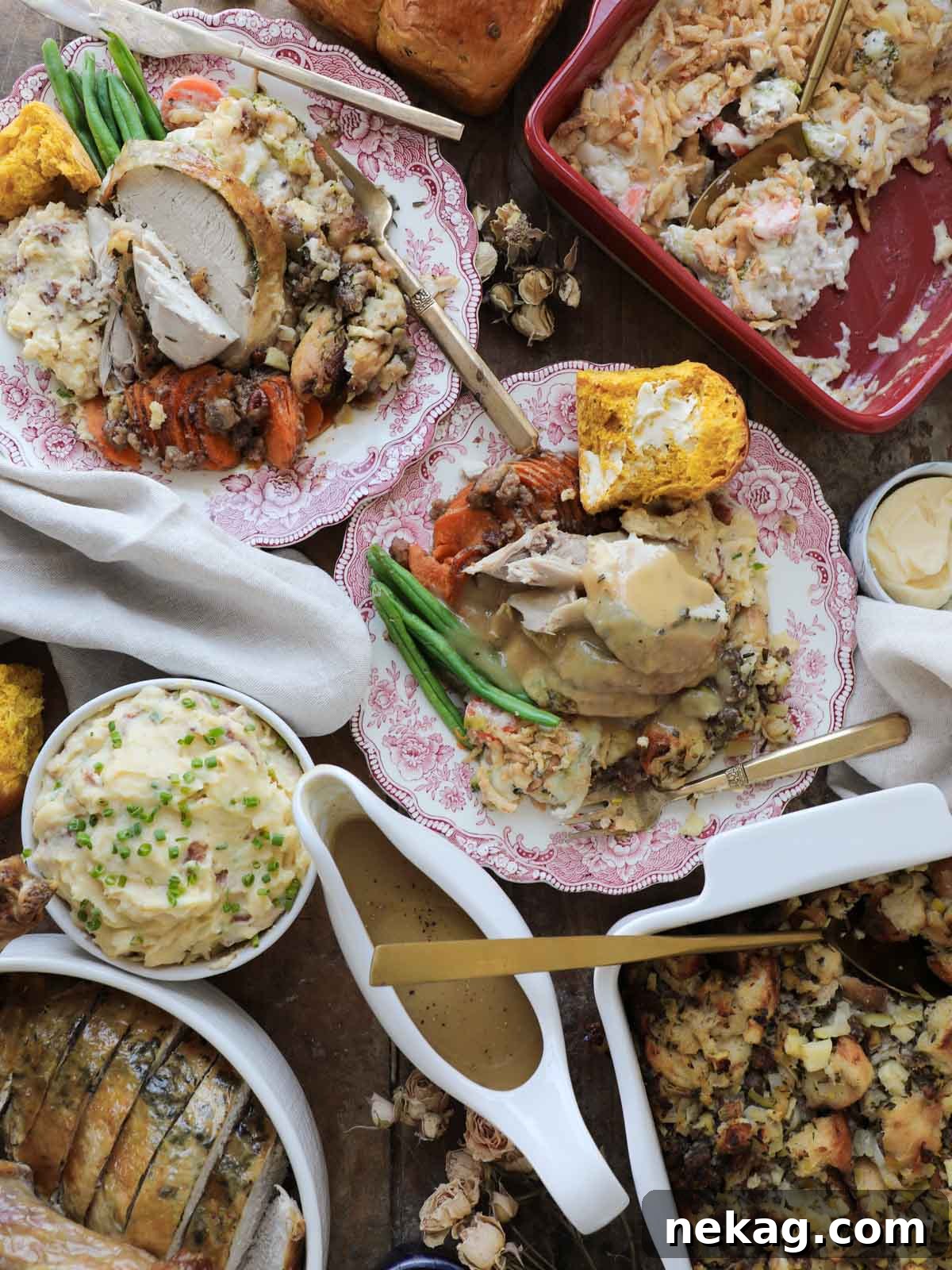 Beautifully set easy Thanksgiving dinner menu tablescape, inviting and warm.