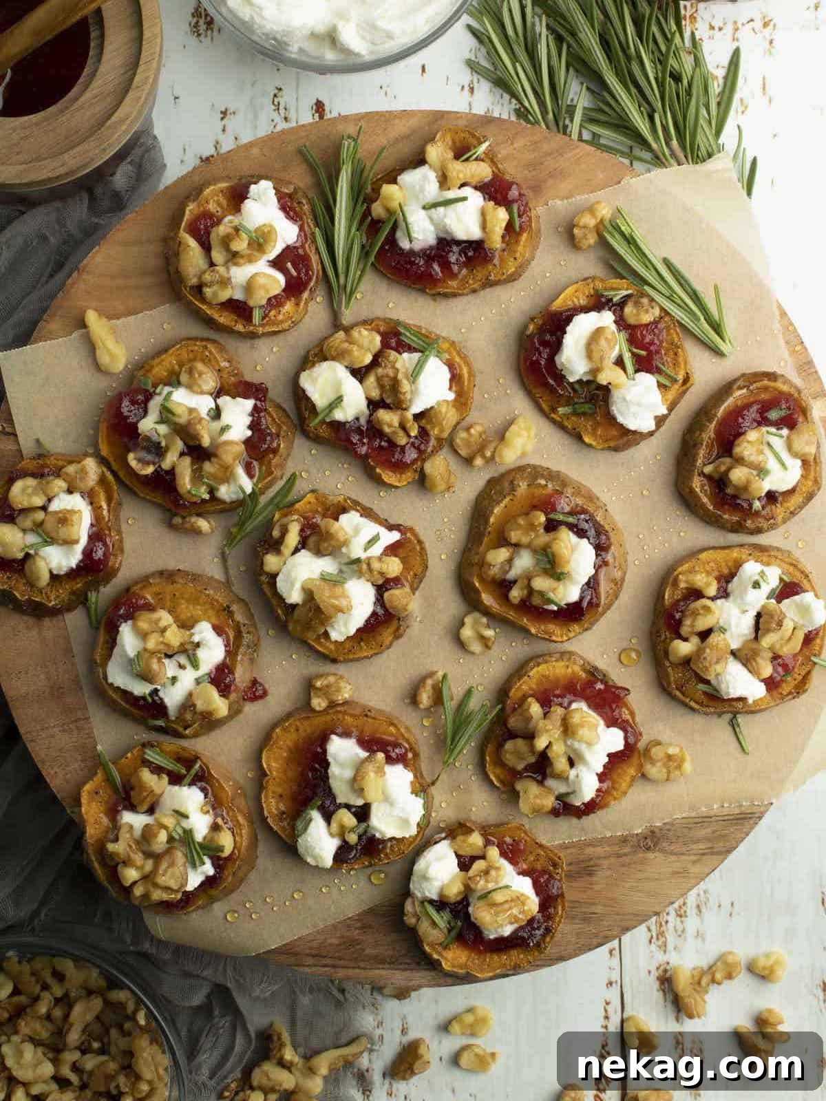 Sweet potato bites elegantly arranged on a rustic wooden board, ready to be served.