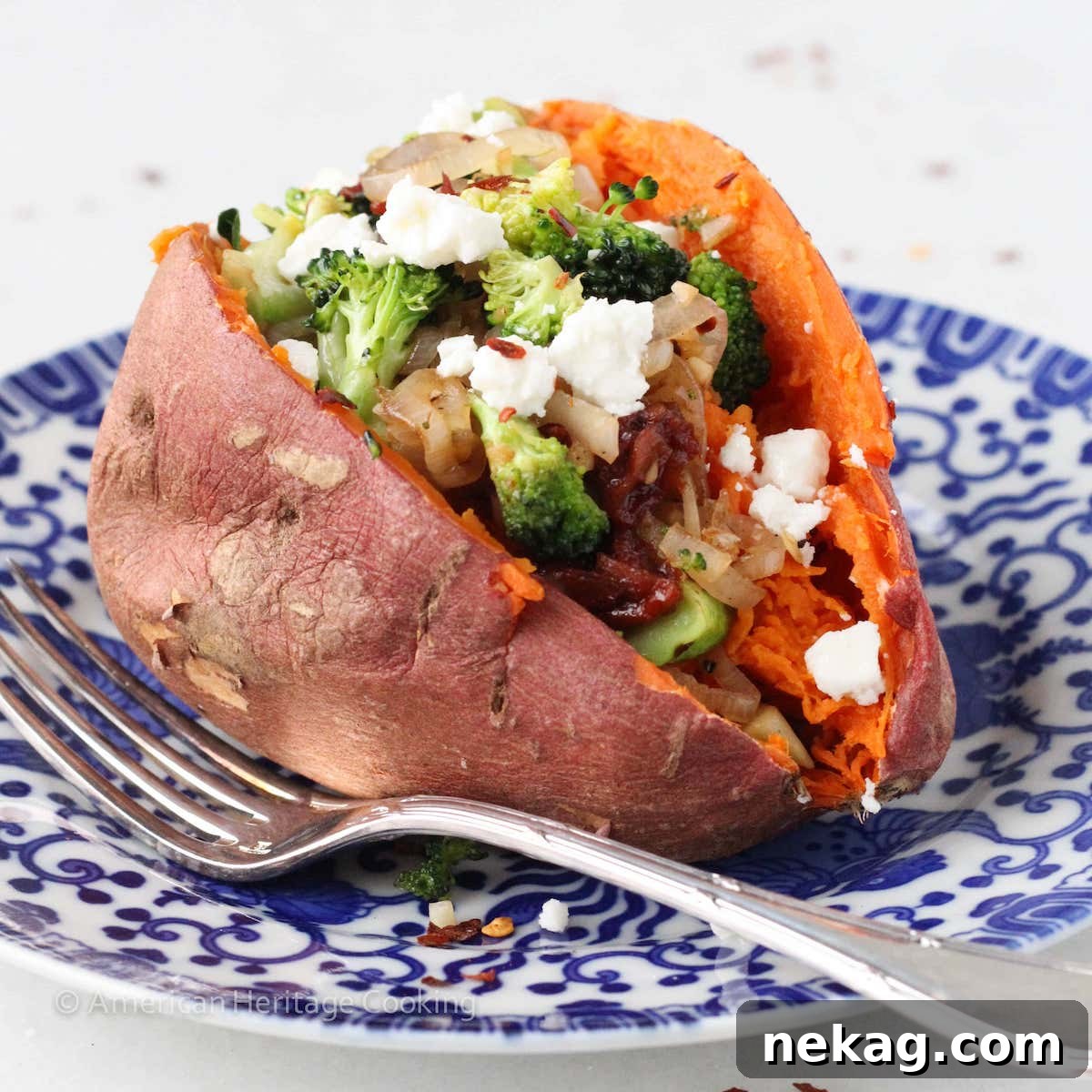 Delicious vegetarian stuffed sweet potatoes presented on a charming blue plate, perfect as a healthy alternative.