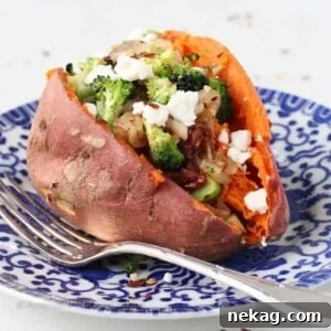 Vegetarian Stuffed Sweet Potatoes on blue plate.