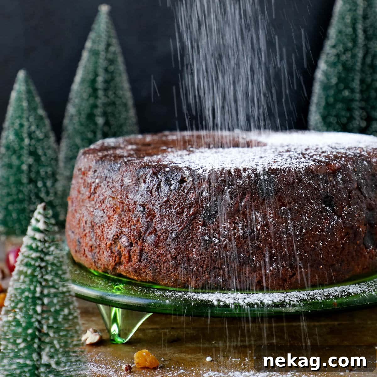 Unsliced fruit cake being delicately dusted with confectioners' sugar, highlighting its rustic charm and festive appeal.