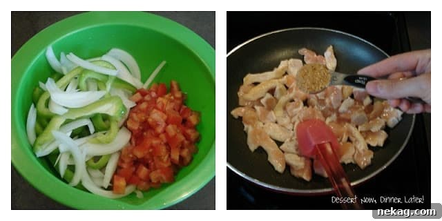 One-Pan Zesty Chicken Fajitas 3 Fresh ingredients laid out: raw chicken breast, colorful bell peppers, white onion, and roma tomatoes, ready for cooking