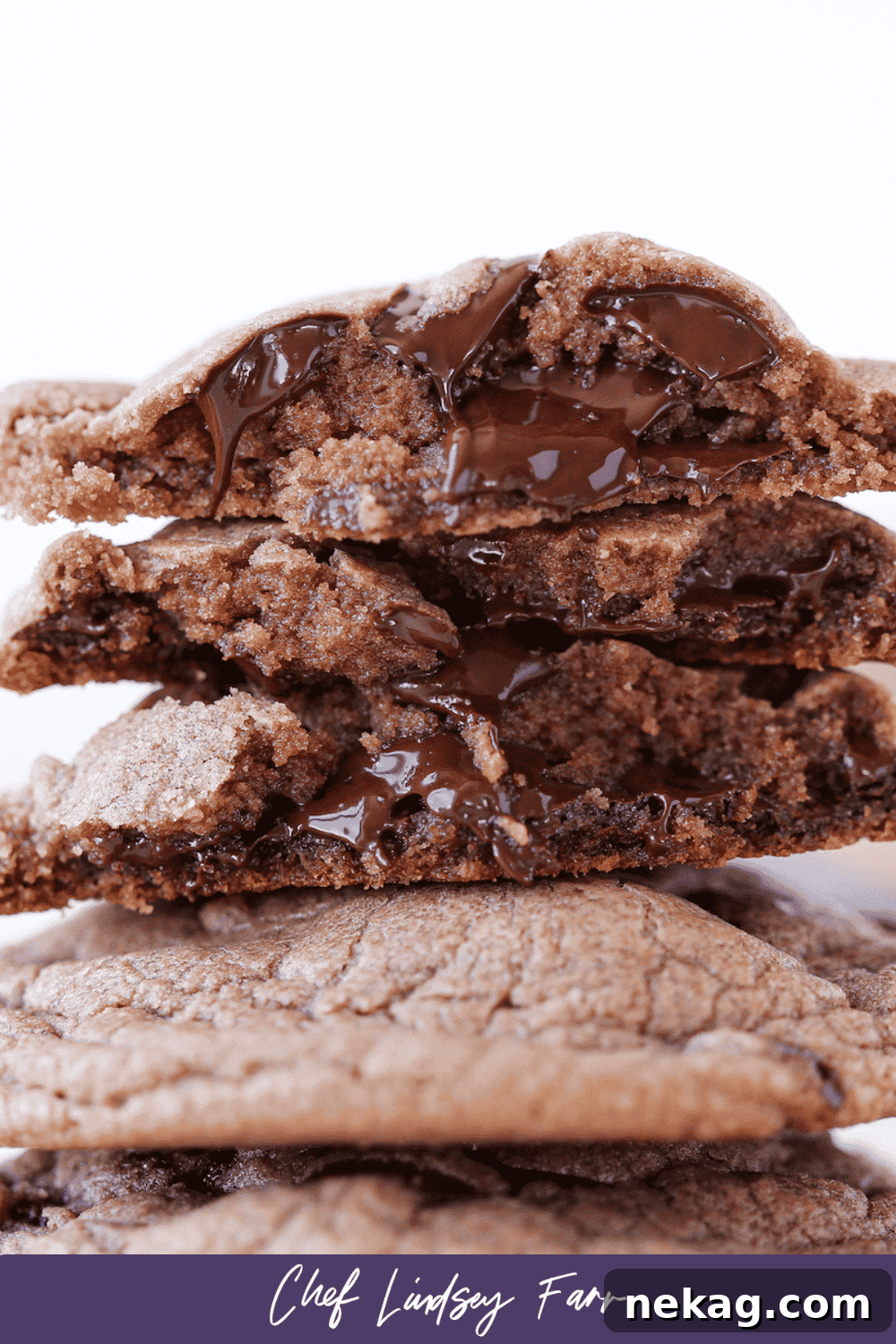 A stack of Nutella cookies showing their soft, gooey chocolate chip interiors.