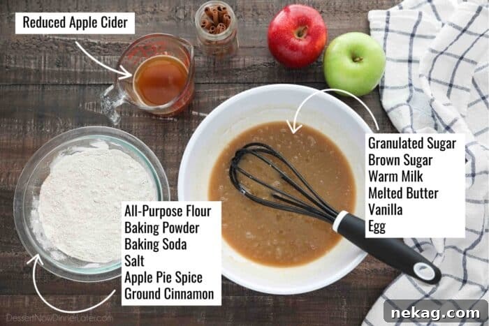 Ingredients for baked apple cider donuts: Dry ingredients (flour, baking powder, baking soda, salt, apple pie spice, cinnamon), wet ingredients (white sugar, brown sugar, milk, butter, vanilla, egg) and reduced apple cider.