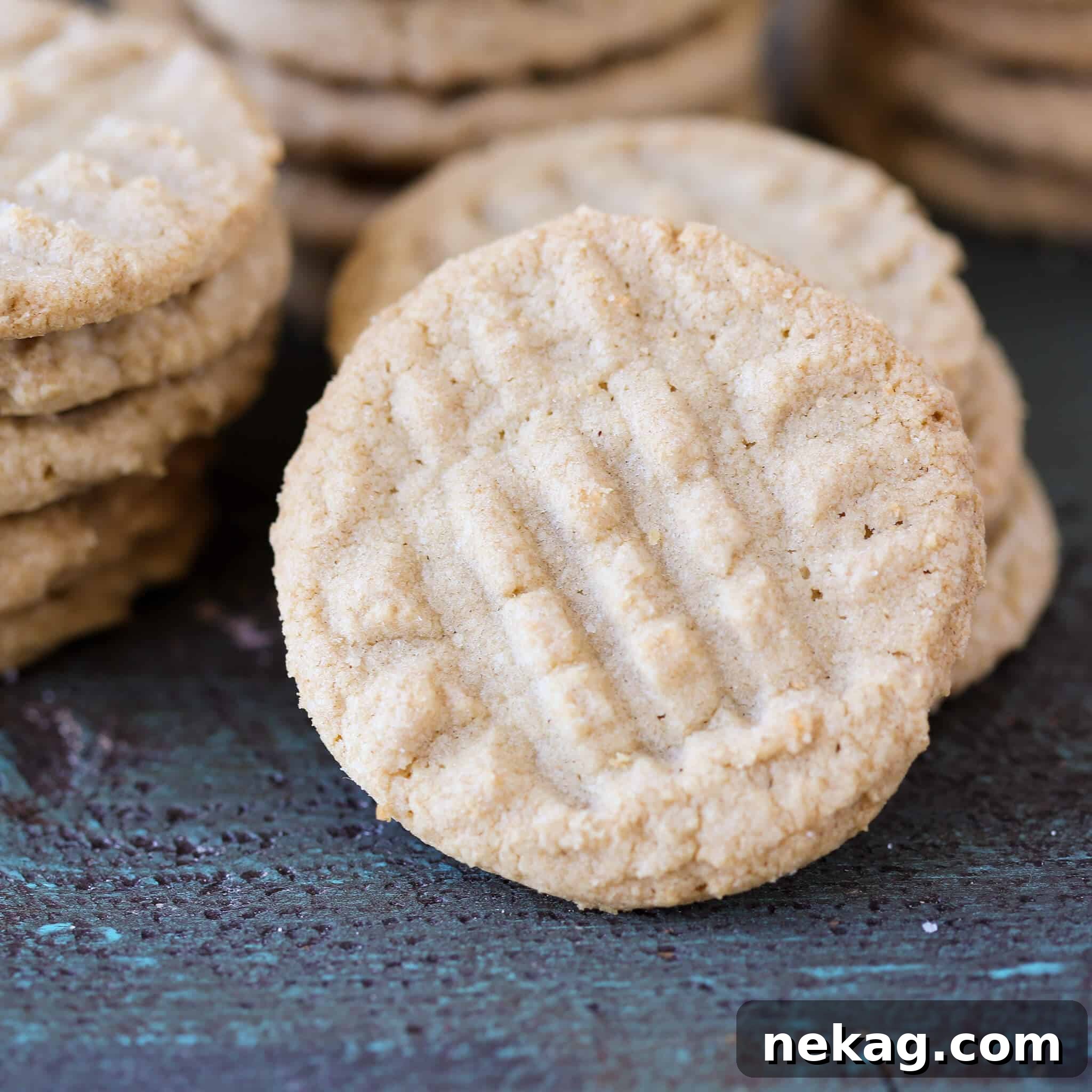 The perfectly criss-crossed top of a golden-brown peanut butter cookie, ready to be enjoyed.