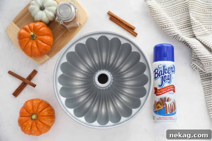 Spiced Pumpkin Crown 9 Nordic Bundt Pan and Baker's Joy pan release spray.