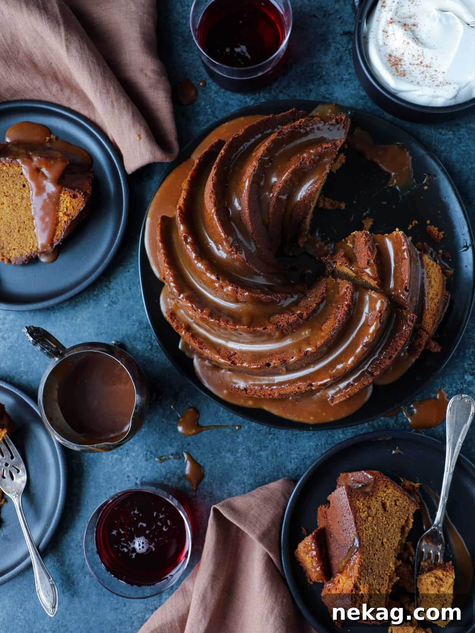 Sticky Caramel Molasses Pound Cake 2 Beautifully presented Caramel Molasses Pound Cake on a festive tablescape, showcasing its golden-brown crust.