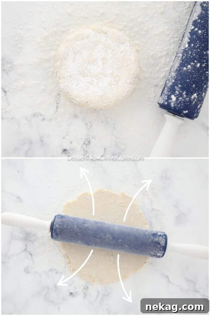 Flaky Butter Pie Crust 12 A two-image collage illustrating how to roll pie crust: Top shows flour-dusted dough ready, Bottom shows a rolling pin with arrows indicating rolling from center outwards.