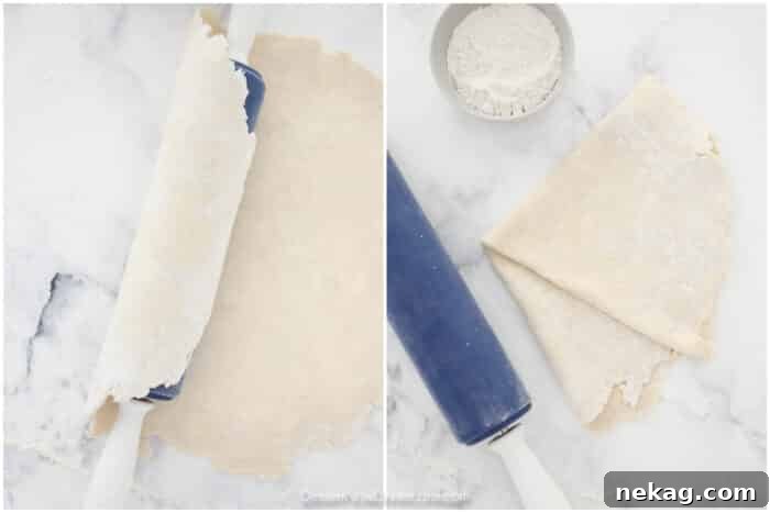 Flaky Butter Pie Crust 14 A collage depicting two methods for transferring pie crust to a pan: rolling around a pin or folding in quarters.