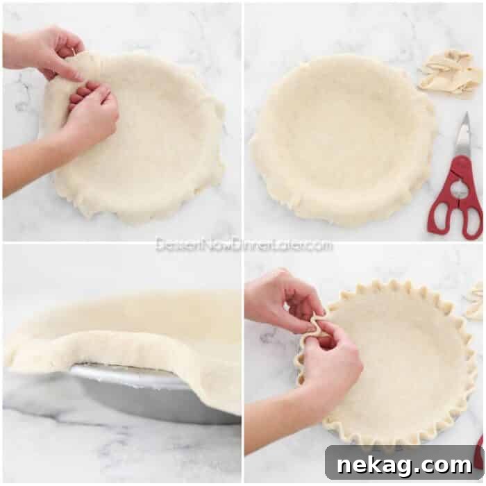 Flaky Butter Pie Crust 15 A four-image collage demonstrating how to shape a pie crust: fitting to pan, trimming excess, folding overhang, and crimping edges.