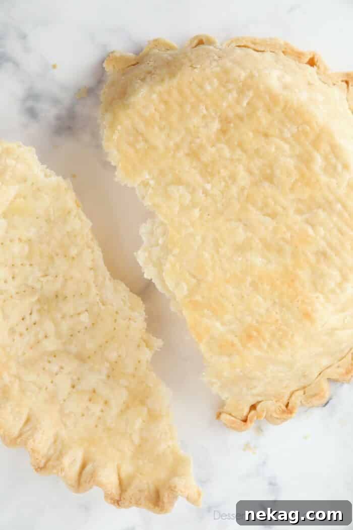 Flaky Butter Pie Crust 8 Overhead close-up of a pie crust broken in half, highlighting the exquisite flaky layers from a top-down perspective.