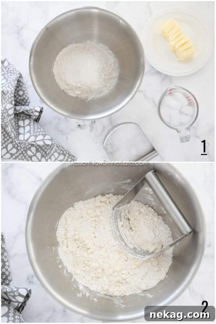 Flaky Butter Pie Crust 9 A two-part image showing the initial steps of pie crust making: stirring dry ingredients and then cutting cold butter into the flour with a pastry blender.