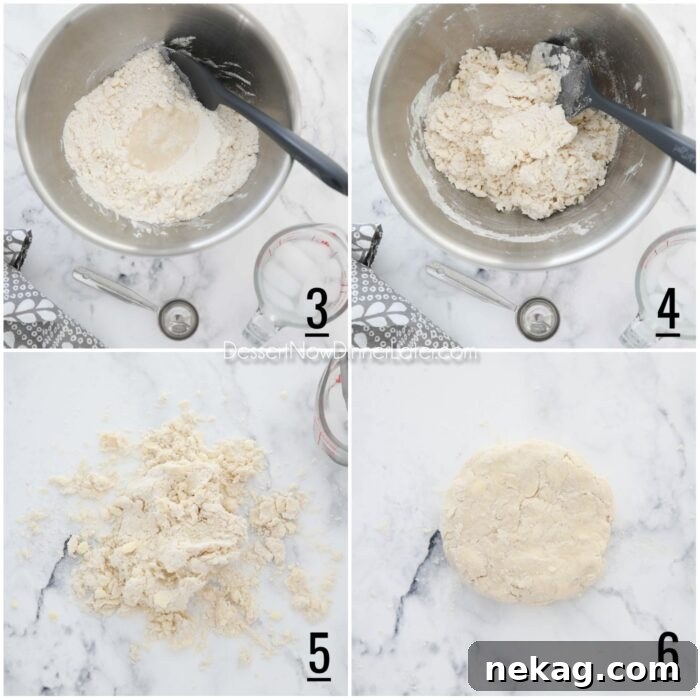 Flaky Butter Pie Crust 10 A four-image collage demonstrating steps 3-6 of pie crust making: adding water, mixing in a bowl, turning onto a counter, and shaping into a flat disc.