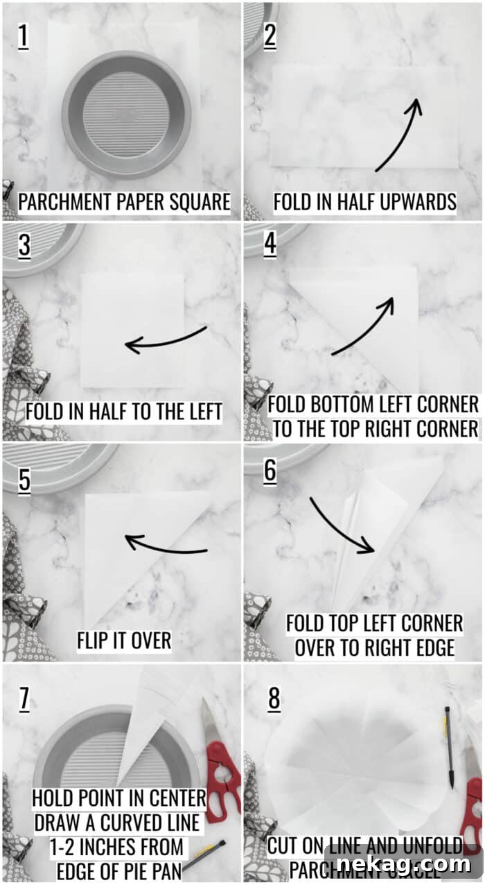 Perfecting Your Blind Baked Pie Crust 6 An 8-image collage visually demonstrating each step for how to fold and cut a square of parchment paper into a perfect circle for pie crust lining.