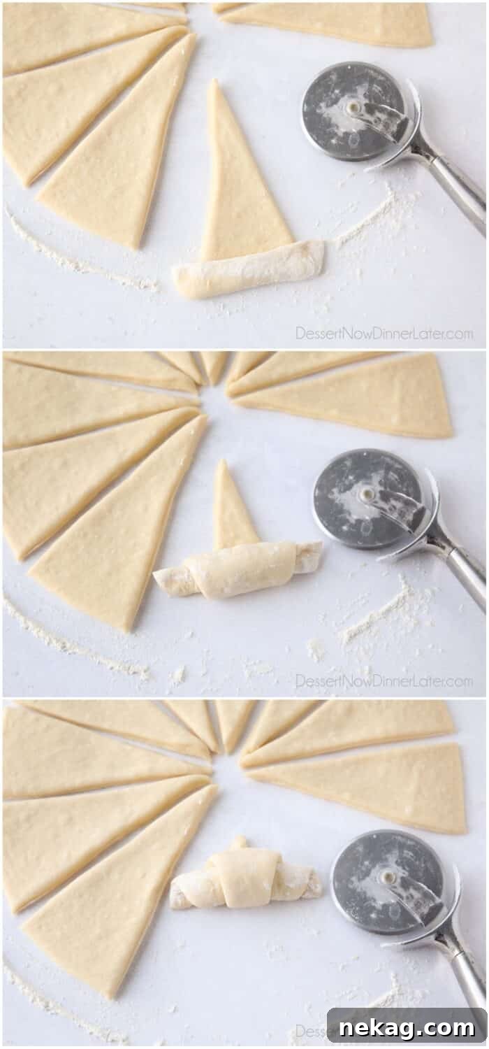 Perfect Homemade Crescent Rolls Video Recipe 11 A three-panel image series demonstrating the precise method of rolling a triangular dough wedge from its wide base to its pointed tip, forming a perfect crescent.