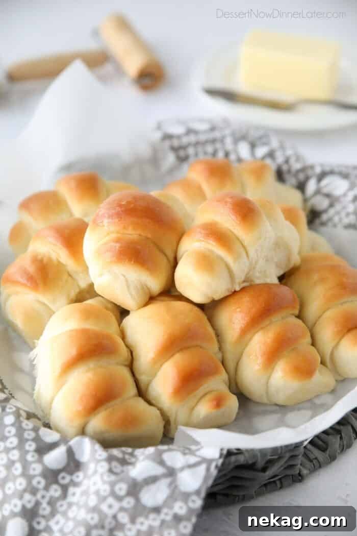 Perfect Homemade Crescent Rolls Video Recipe 14 A side view of a charming basket overflowing with golden-brown, perfectly crescent-shaped dinner rolls, inviting and warm.