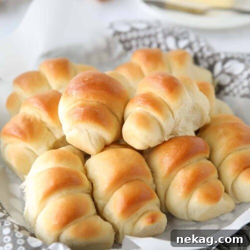 Side view of a basket full of crescent shaped dinner rolls.