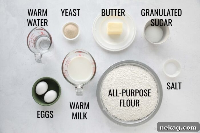 Perfect Homemade Crescent Rolls Video Recipe 5 A visual display of all the essential ingredients for homemade crescent rolls: warm water, active yeast, softened butter, granulated sugar, fresh eggs, warm milk, all-purpose flour, and salt.