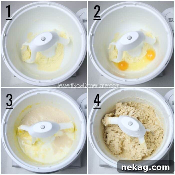 Perfect Homemade Crescent Rolls Video Recipe 7 A four-panel collage illustrating the dough-making process: creaming butter and sugar, adding eggs, incorporating wet ingredients with yeast, and finally mixing in flour before switching to a dough hook.