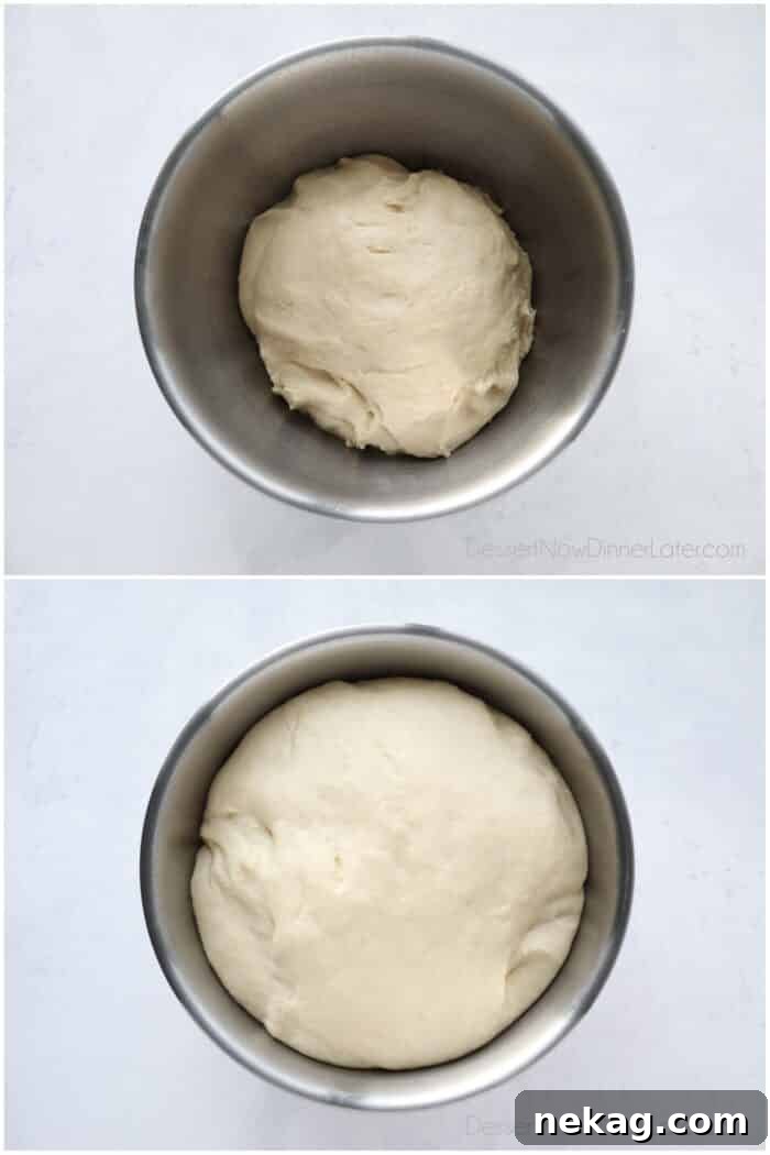 Perfect Homemade Crescent Rolls Video Recipe 9 A two-panel collage displaying the dough: before its first rise in a clean bowl, and after, visibly doubled in size and ready for shaping.