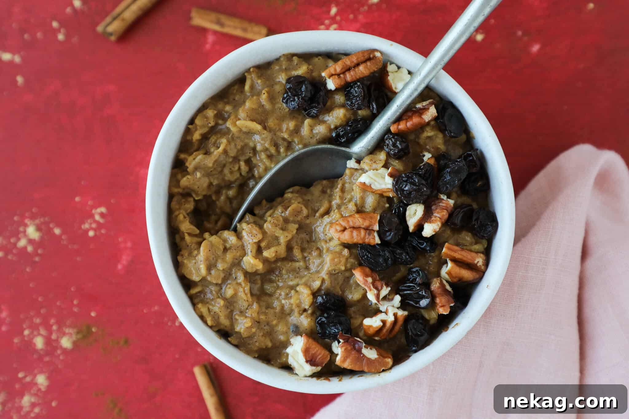 Spiced Gingerbread Oats 5 A vibrant bowl of healthy holiday breakfast oatmeal, garnished with dried cranberries, orange zest, and a few nuts, against a festive background.