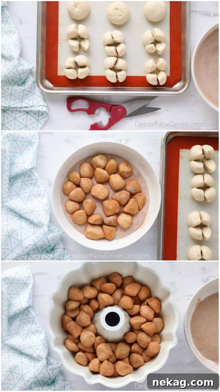 Steps for Easy Monkey Bread: Cut Rhodes Rolls into fourths. Dip into cinnamon sugar. Layer into a greased bundt pan.